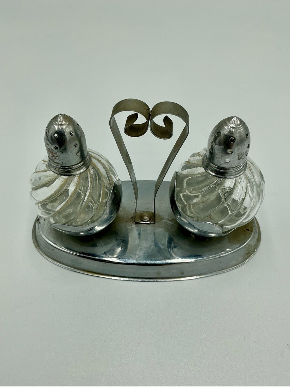 Vintage Silver Tone Clear Glass Mini Salt and Pepper Shakers On Silver Tone Tray - Picture 3 of 11